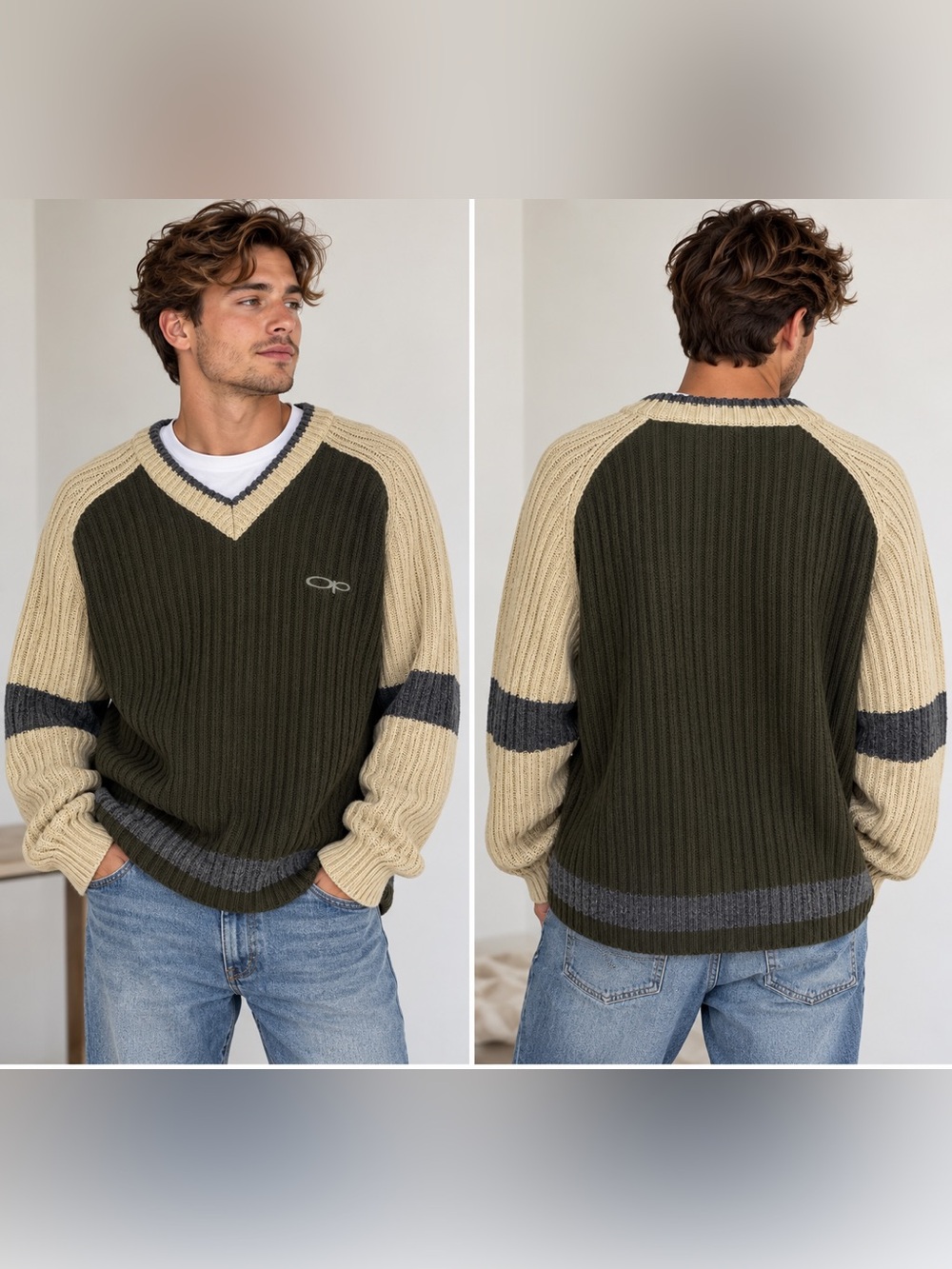 Vintage Ocean Pacific OP Men’s XL Colorblock Ribbed Knit Sweater